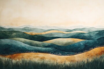 Abstract landscape painting of rolling hills and mountains at sunset