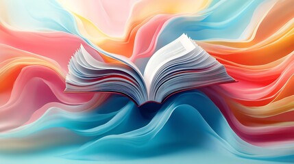 Poster - Abstract representation for World Book Day showcasing a floating open book with vibrant swirling colors and 3D geometric shapes symbolizing creativity and the essence of literature
