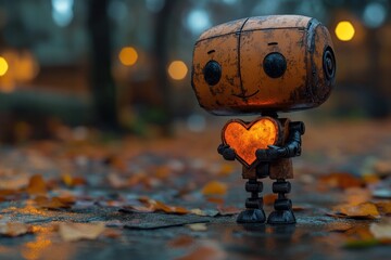 A rusty robot holding a glowing heart, standing on a wet path with autumn leaves, under a blurry background of lights and trees.