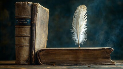 Poster - Antique book with a delicate feather standing in its pages set against a shadowy background creating an atmosphere of knowledge and mystery for a World Book Day themed design