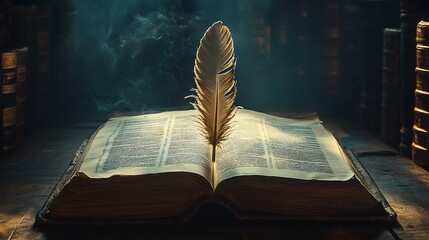 Poster - Antique book with a delicate feather standing in its pages set against a shadowy background creating an atmosphere of knowledge and mystery for a World Book Day themed design
