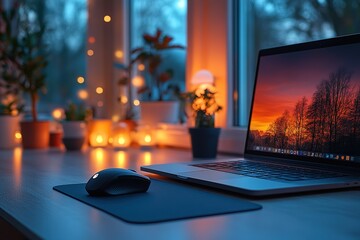Poster - A laptop is on a desk with a mouse and a potted plant