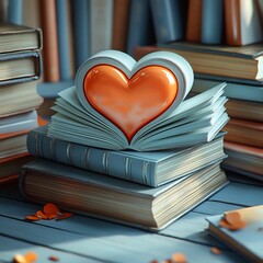 Poster - Artistic 3D rendering of a blank book with a heartshaped open page elegantly positioned among stacked textbooks representing the connection between love and literature for World Book Day