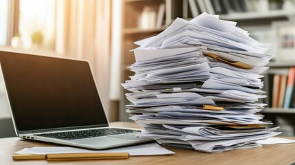 Poster - stack of documents beside a laptop on an office desk, symbolizing the intersection of digital techno