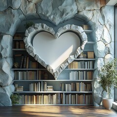Poster - Artistic 3D rendering of a blank book with a heartshaped open page elegantly positioned among stacked textbooks representing the connection between love and literature for World Book Day