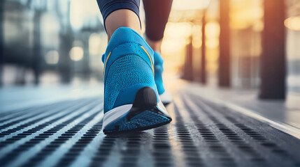 Closeup of running shoes in motion on urban street with blurred background