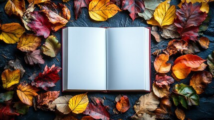 Poster - Artistic autumn flat lay with colorful fallen leaves elegantly arranged around an open white blank book creating a warm and inviting atmosphere for reading and celebrating World Book Day