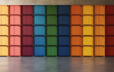 Colorful shipping containers stacked in a modern warehouse interior.