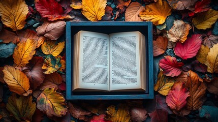 Poster - Artistic autumn flat lay with colorful fallen leaves elegantly arranged around an open white blank book creating a warm and inviting atmosphere for reading and celebrating World Book Day