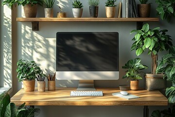 Poster - A computer monitor sits on a wooden desk in front of a shelf of potted plants