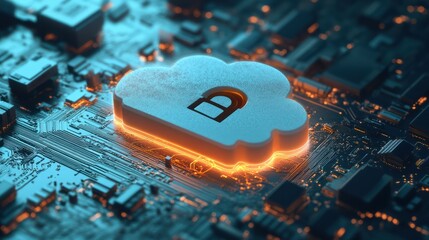 Poster - this 3d. depicts a digital cloud with a lock symbol embedded within it, symbolizing data security, c