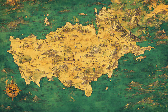 a vintage fantasy-style map with a golden landmass surrounded by green seas and intricate details resembling old-world cartography
