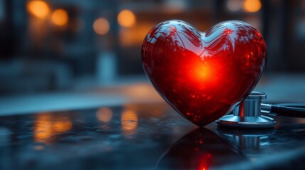 Fototapete - Artistic composition of a red heart shape intertwined with a doctor's stethoscope on a blurred hospital background embodying World Heart Health Day with a warm glow illuminating the scene