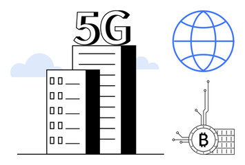 Two buildings with 5G symbol. Blue globe on the right represents worldwide connectivity. Bitcoin logo below symbolizing cryptocurrency. Ideal for technology, communications, internet, global