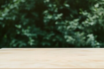 Aufkleber - Minimalist Light Beige Wooden Table Surface with Blurred Green Forest Bokeh Background in Bright Natural Lighting