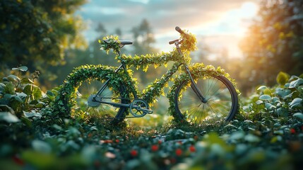 Poster - Artistic depiction of a bicycle covered in lush green leaves highlighting the harmony between ecofriendly transportation and nature with a serene landscape in the background celebrating Earth Day