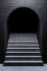 Wall Mural - A dramatic staircase leads into a dark archway, emphasizing mystery and depth in this visually striking black brick environment.