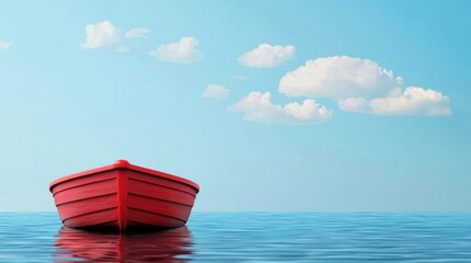 Poster - A vibrant red boat floats peacefully on calm blue waters under a clear sky adorned with fluffy white clouds, evoking serenity and tranquility.