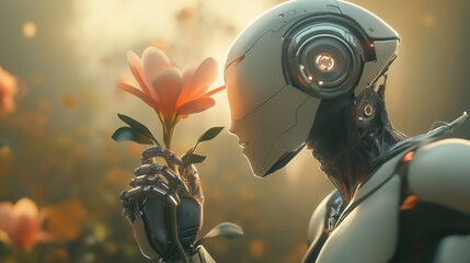 A humanoid robot holding a flower