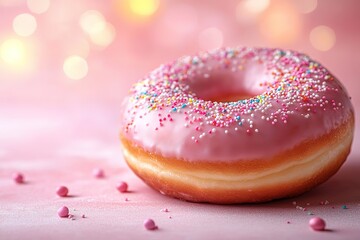 Wall Mural - A pink frosted doughnut with sprinkles on top