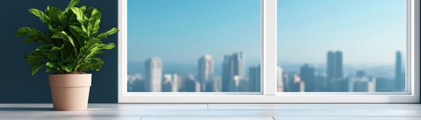 A serene indoor plant sits by a large window with a stunning city skyline view, creating a peaceful urban oasis full of natural light.