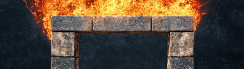 Poster - A dramatic scene featuring a stone structure surrounded by intense flames, symbolizing conflict or destruction against a dark background.