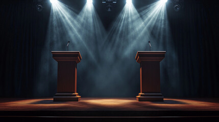 Two brown podiums with microphone under spotlights for public speaking debate presidential vice election political speaker podium