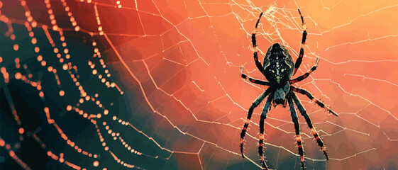 Spider hanging from a web. Vector flat isolated.