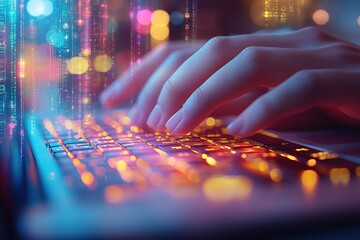 Poster - A person is typing on a keyboard with a colorful background