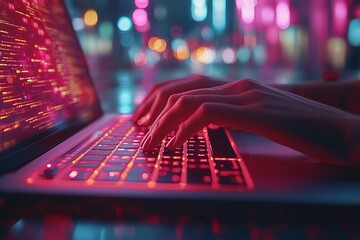 Poster - A person is typing on a laptop with a red keyboard