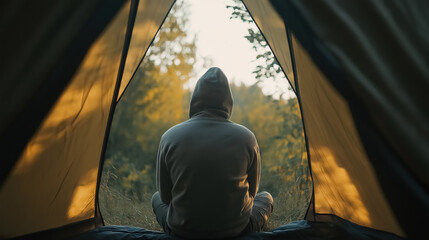 The back of a man in a hooded sweatshirt sitting at the entrance to the tent