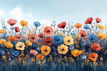 Wall Mural - A painting of a field of flowers with a blue sky in the background