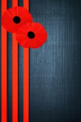 Poster - Vibrant abstract design featuring red poppies against a textured blue background with bold orange stripes. Perfect for modern decor.