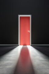 Poster - A vibrant red door stands in stark contrast against a dark wall, casting dramatic shadows on the floor and inviting curiosity and exploration.