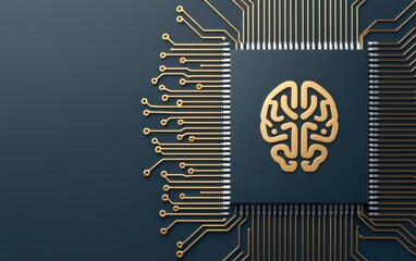 Poster - A futuristic circuit board with a gold brain design symbolizing artificial intelligence and advanced technology integration in modern computing.