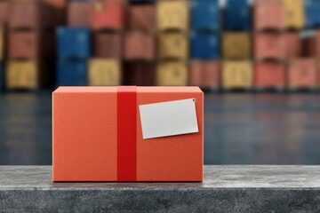 Poster - A vibrant orange package with a red ribbon on a concrete surface, set against a backdrop of stacked boxes, ideal for shipping and logistics themes.