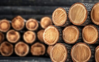 A close-up of freshly cut logs stacked in an orderly fashion, showcasing the natural texture and pattern of wood. Ideal for nature and industrial themes.