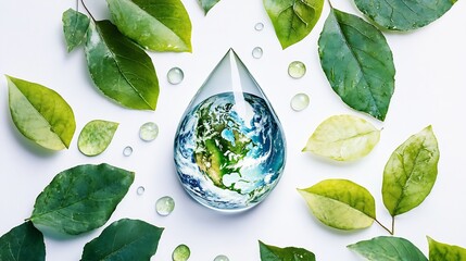 Poster - Artistic illustration of Earth shaped like a water drop surrounded by vibrant green leaves symbolizing World Water Day on a clean white background with space for environmental messages