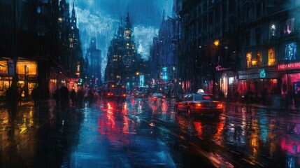 Wall Mural - Rainy night city street with reflections.