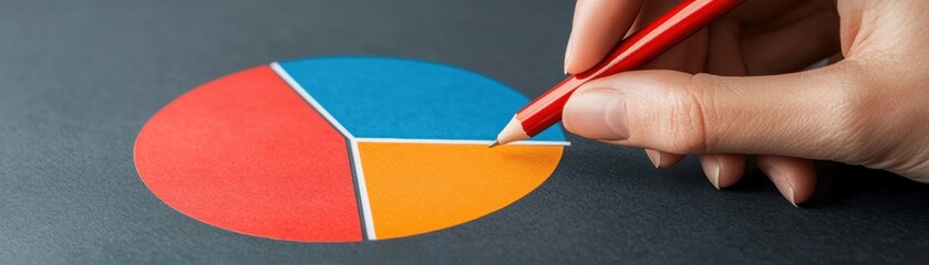 Poster - A hand holding a red pencil, coloring a pie chart in vibrant colors on a dark background, symbolizing data analysis and visualization.