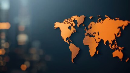 Stylized world map in orange on a blurred urban background, symbolizing global connectivity and travel opportunities. Perfect for business themes.