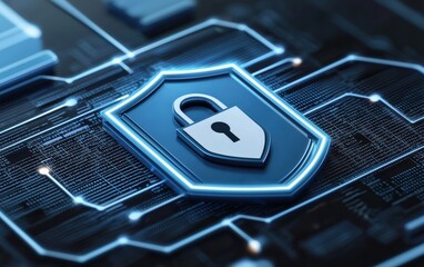 Poster - A modern security shield with a padlock symbolizing digital protection and cybersecurity in a technological landscape.