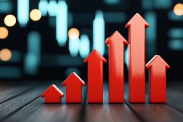 Poster - An abstract representation of growth with red arrow graphics rising against a blurred background, symbolizing success and progress in business.