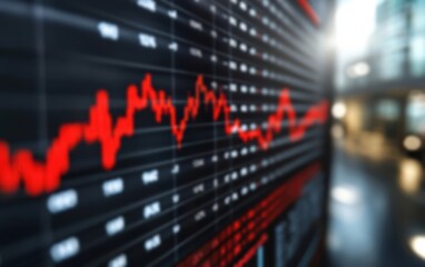 Poster - Close-up of a financial chart displaying stock market trends with vibrant colors on a digital screen in a modern office setting.