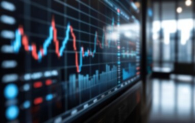 Poster - Dynamic financial data visualization with colorful charts representing stock market trends and trading analysis in a modern office environment.