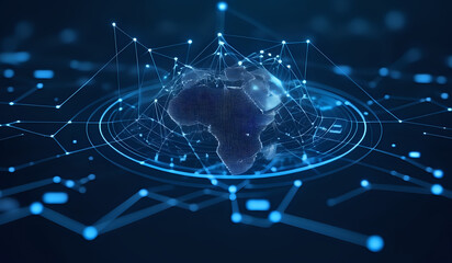 Fototapete - Digital technology, internet network connection concept. Finger touching on virtual screen with futuristic technology background, data exchange, digital transformation, Africa