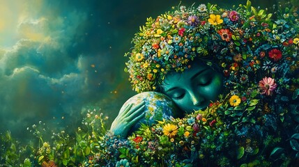 Poster - Artistic image of Mother Earth embracing nature adorned with vibrant flowers and lush greenery symbolizing love and protection for the planet on Mother Earth Day and World Environment Day