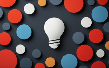 Poster - Colorful circles surrounding a central light bulb symbol, representing creativity and innovative ideas in a modern, abstract design.