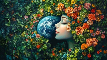 Poster - Artistic image of Mother Earth embracing nature adorned with vibrant flowers and lush greenery symbolizing love and protection for the planet on Mother Earth Day and World Environment Day