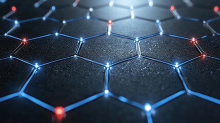 Poster - Close-up of a futuristic hexagonal pattern with glowing lights, showcasing a blend of technology and design in a sleek, modern aesthetic.